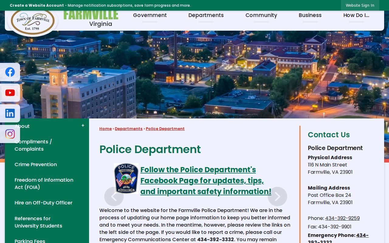 Farmville criminal history records contact at the Farmville Police Department