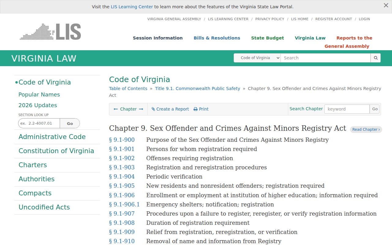Prince Edward County sex offender registry law in the Virginia Code